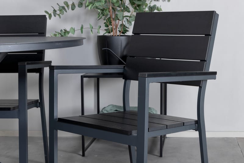 Alma Matgrupp Utomhus Rund Ø120cm + 4 Levels Stapelbara Matstolar - Svart - Utemöbler - Utegrupp - Matgrupper utomhus