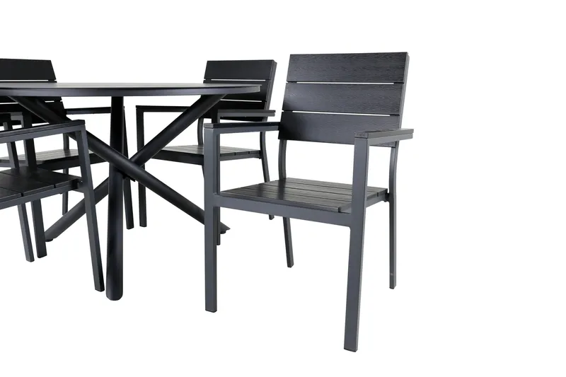Alma Matgrupp Utomhus Rund Ø120cm + 4 Levels Stapelbara Matstolar - Svart - Utemöbler - Utegrupp - Matgrupper utomhus