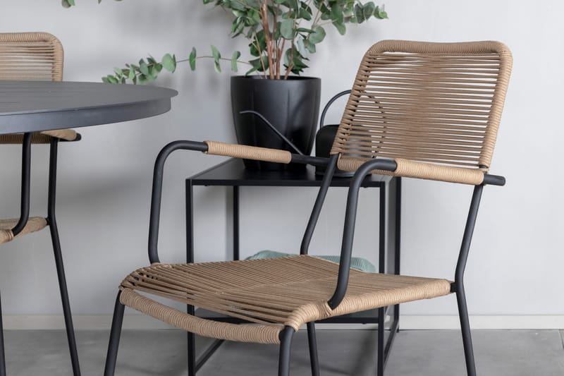 Alma Matgrupp Utomhus Rund Ø120cm + 4 Lindos Karmstolar - Brun/Vit - Utemöbler - Utegrupp - Matgrupper utomhus