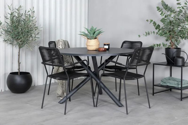 Alma Matgrupp Utomhus Rund Ø120cm + 4 Lindos Karmstolar - Brun/Vit - Utemöbler - Utegrupp - Matgrupper utomhus