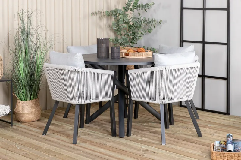 Alma Matgrupp Utomhus Rund Ø120cm + 4 Virya Matstolar - Svart/Grå - Utemöbler - Utegrupp - Matgrupper utomhus