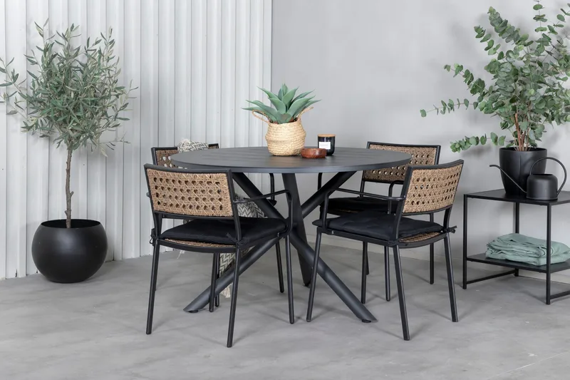 Alma Matgrupp Utomhus Rund Ø120cm + 4 Paola Matstolar - Svart/Natur - Utemöbler - Utegrupp - Matgrupper utomhus