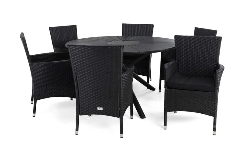 ALMAGRO Bord 140 + 6 THOR Lyx Fåtölj Svart + dyna Svart - Utemöbler - Utegrupp - Matgrupper utomhus