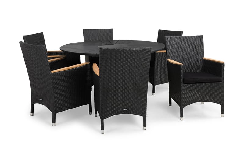 ALMAGRO Bord 140 + 6 THOR Lyx Fåtölj Svart/Teak + dyna Svart - Utemöbler - Utegrupp - Matgrupper utomhus