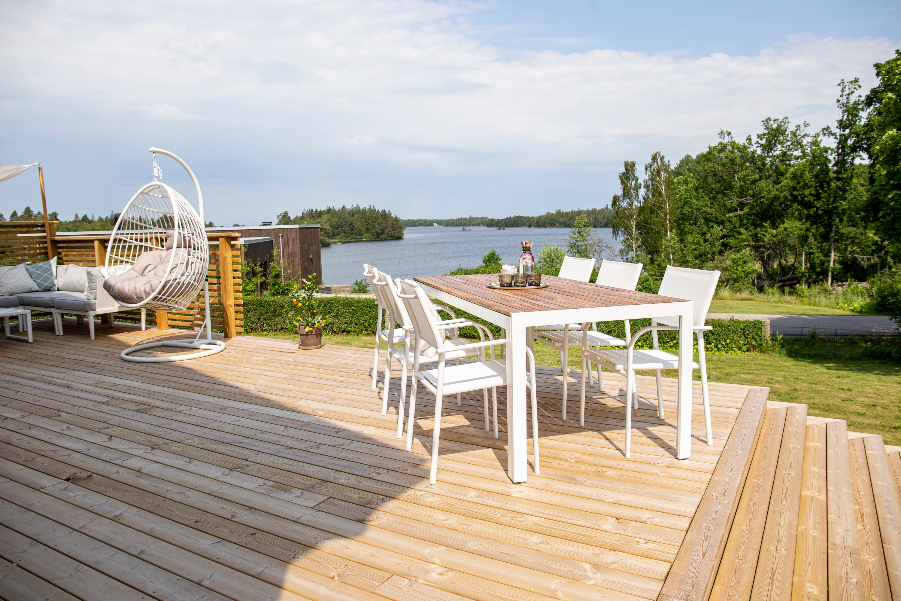 bois matgrupp utomhus 200cm + 6 santorini karmstolar - natur/vit