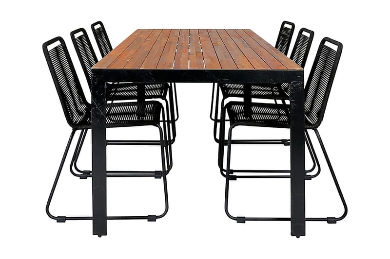 Bois Matgrupp Utomhus 205cm + 6 Lindos Stapelbara Matstolar, Svart/Grå