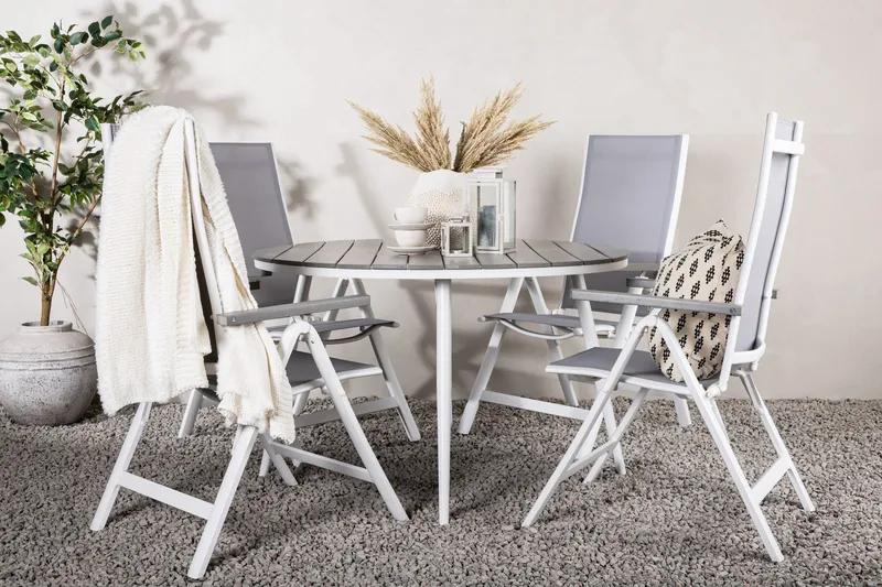 Break Matgrupp Utomhus Rund 120 cm + 4 Albany Postitionsstol - Vit/Grå - Utemöbler - Utegrupp - Matgrupper utomhus