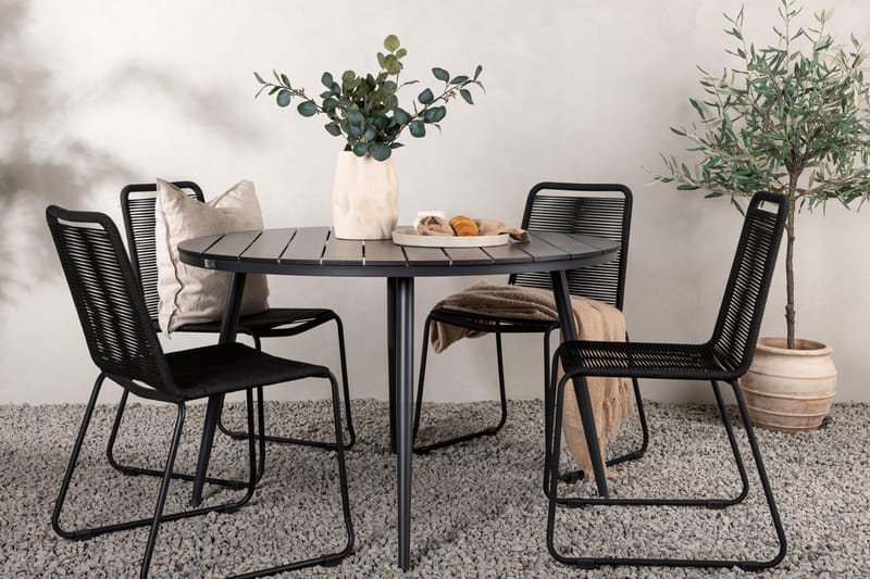 Break Matgrupp Utomhus Rund 120 cm + 4 Lindos Stapelbar Stol - Svart - Utemöbler - Utegrupp - Matgrupper utomhus
