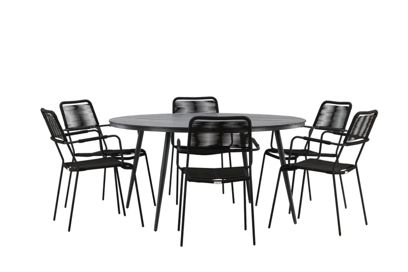 Break Matgrupp Utomhus Rund 150 cm + 6 Lindos Karmstol - Svart - Utemöbler - Utegrupp - Matgrupper utomhus