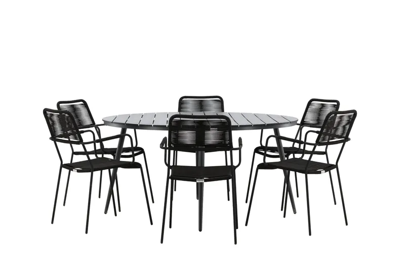 Break Matgrupp Utomhus Rund 150 cm + 6 Lindos Karmstol - Svart - Utemöbler - Utegrupp - Matgrupper utomhus