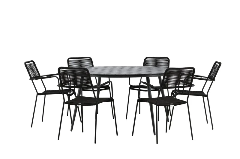 Break Matgrupp Utomhus Rund 150 cm + 6 Lindos Karmstol - Svart - Utemöbler - Utegrupp - Matgrupper utomhus