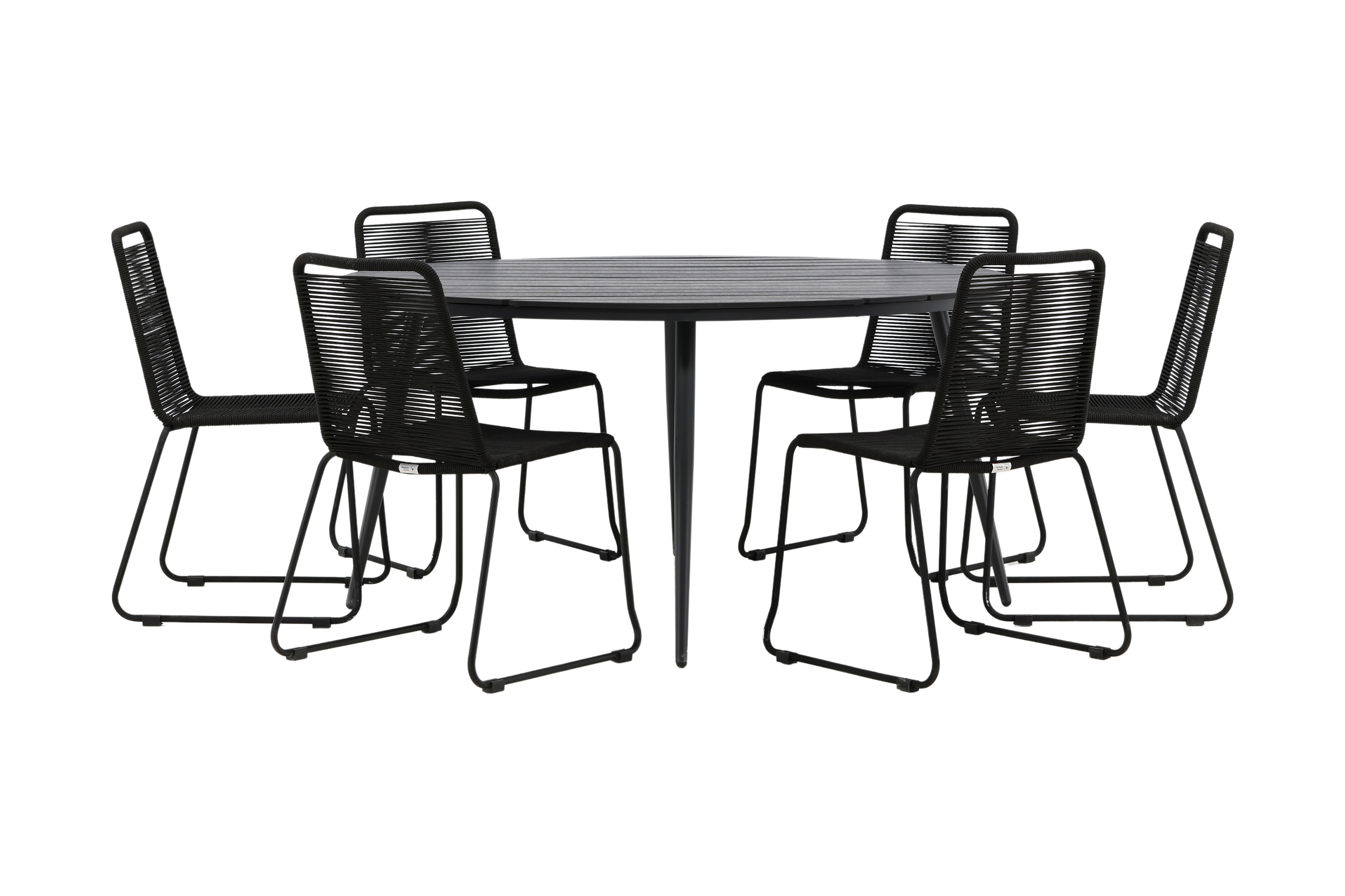 break matgrupp utomhus rund ø150cm + 6 lindos stapelbara matstolar - svart