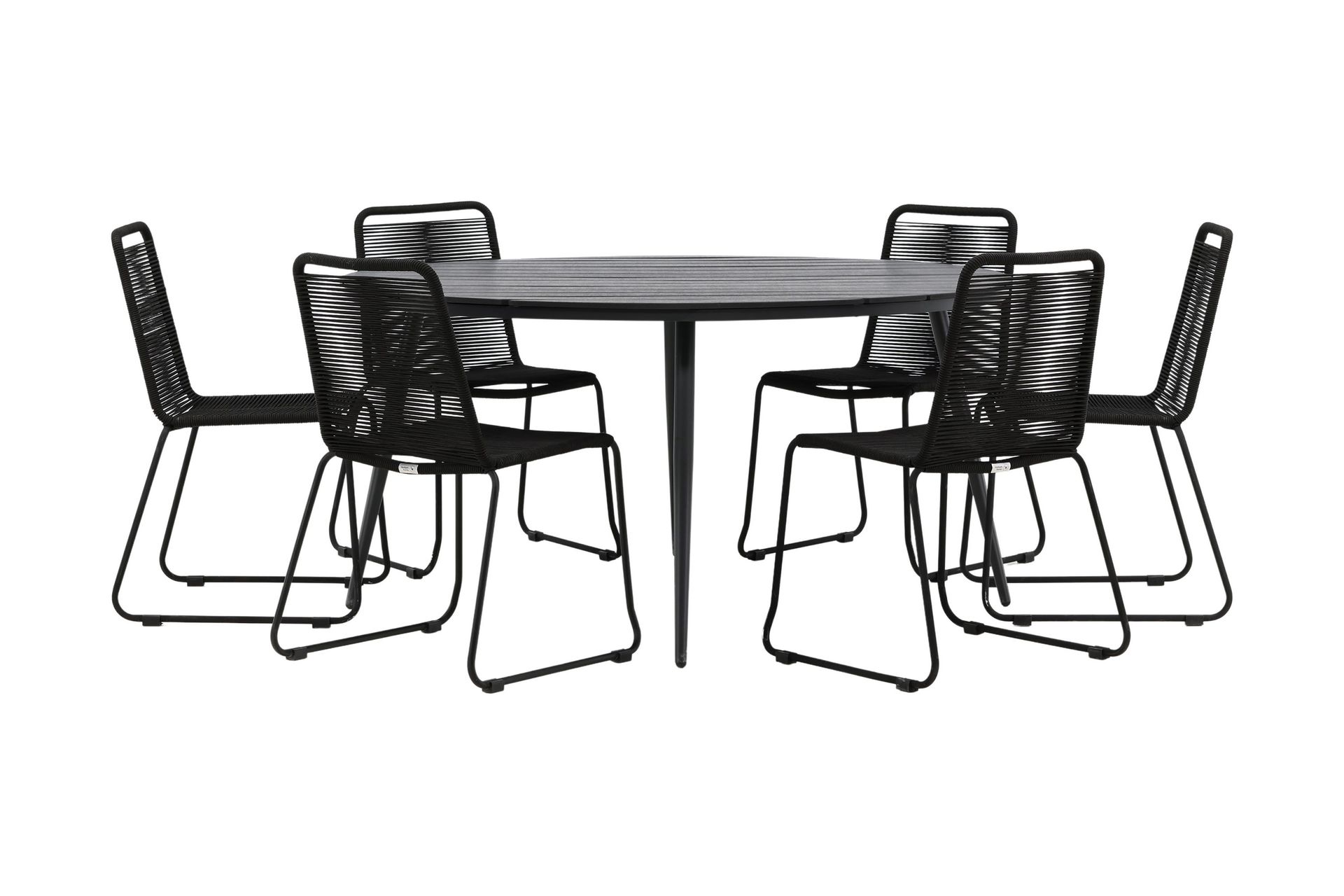 Break Matgrupp Utomhus Rund &Oslash;150cm + 6 Lindos Stapelbara Matstolar - Svart