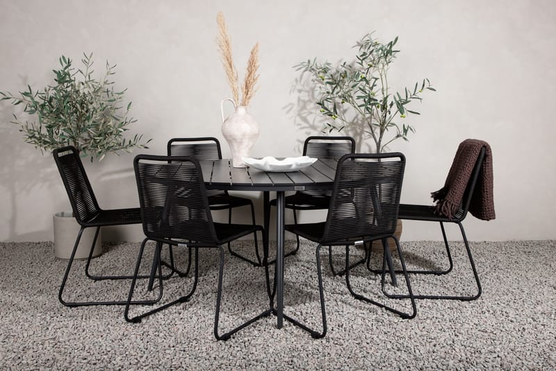 Break Matgrupp Utomhus Rund Ø150cm + 6 Lindos Stapelbara Matstolar - Svart - Utemöbler - Utegrupp - Matgrupper utomhus