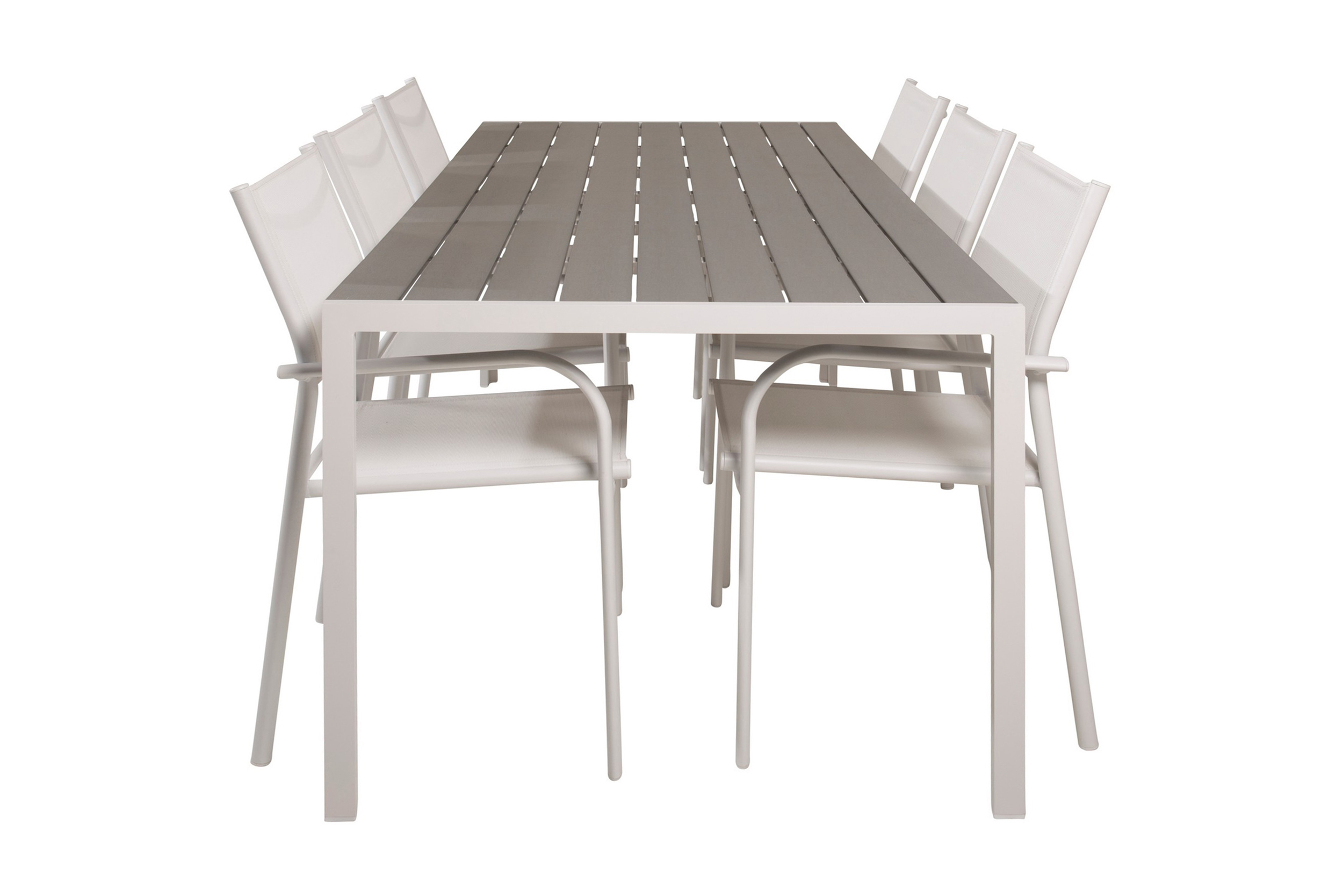 buitepos matgrupp utomhus + 6 langstrand karmstolar polywood/vit -