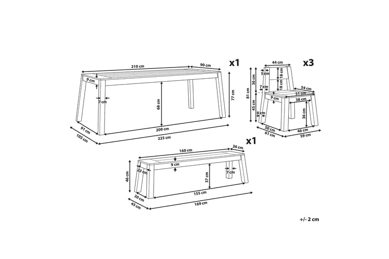 Coteto Matgrupp Utomhus 225 cm + 3 Utestolar + Bänk Utomhus - Akacia - Utemöbler - Utegrupp - Matgrupper utomhus