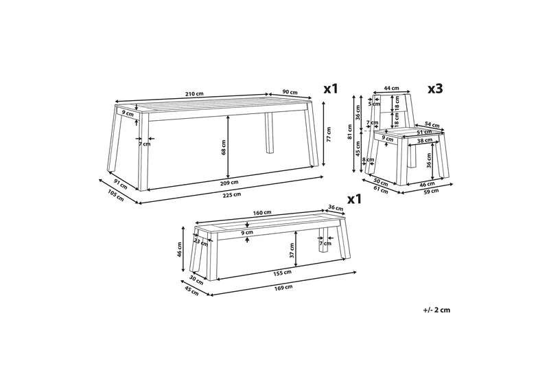 Coteto Matgrupp Utomhus 225 cm + 3 Utestolar + Bänk Utomhus - Akacia - Utemöbler - Utegrupp - Matgrupper utomhus