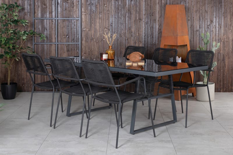 Dallas Matgrupp Utomhus 193cm + 6 Lindos Karmstolar - Svart - Utemöbler - Utegrupp - Matgrupper utomhus