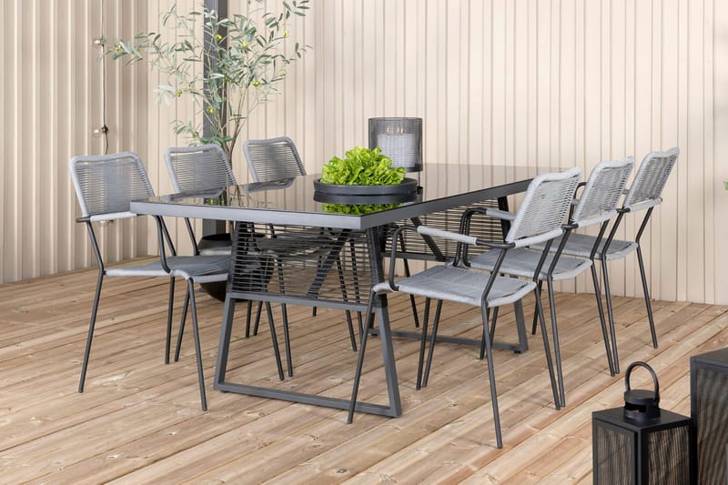 Dallas Matgrupp Utomhus 193cm + 6 Lindos Karmstolar - Svart/Grå - Utemöbler - Utegrupp - Matgrupper utomhus