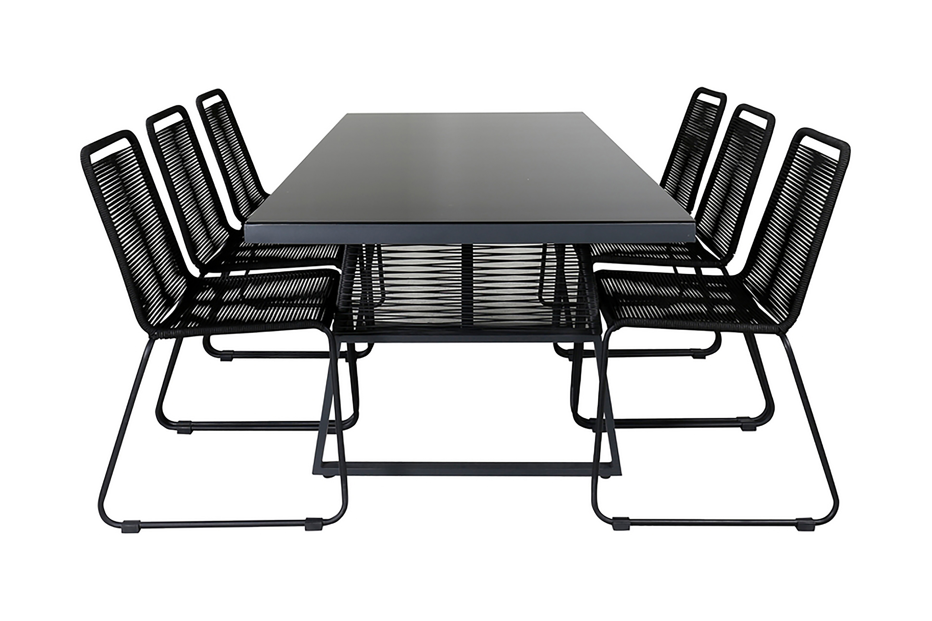 dallas matgrupp utomhus 193cm + 6 lindos stapelbara matstolar - svart/grå
