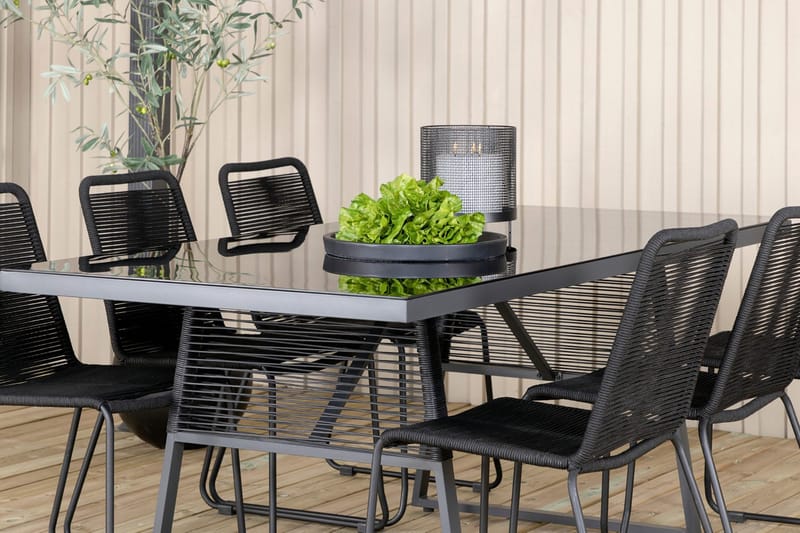 Dallas Matgrupp Utomhus 193cm + 6 Lindos Stapelbara Matstolar - Svart/Grå - Utemöbler - Utegrupp - Matgrupper utomhus