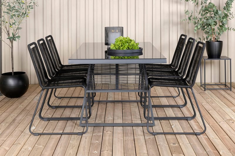 Dallas Matgrupp Utomhus 193cm + 6 Lindos Stapelbara Matstolar - Svart/Grå - Utemöbler - Utegrupp - Matgrupper utomhus