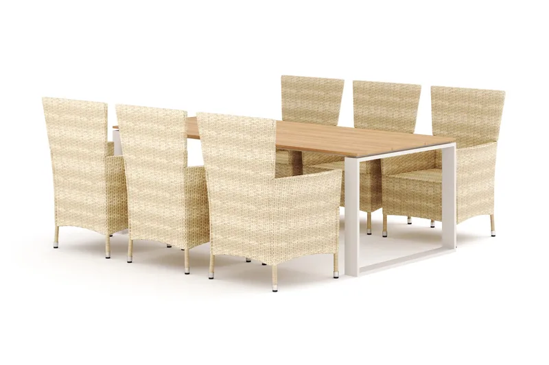 Devon utomhus matgrupp 210x100 cm med 6 Thor fåtöljer, Beige/Teak