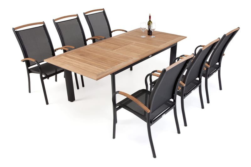 HILLERSTORP NYDALA Bord 96x150-200 + 6 Karmstolar Teak/Svart - Utemöbler - Utegrupp - Matgrupper utomhus