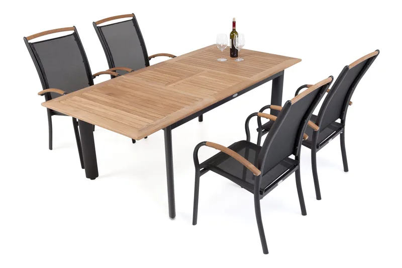 Hillerstorp Nydala Matgrupp 96x150-200 + 4 Karmstolar - Teak/Svart - Utemöbler - Utegrupp - Matgrupper utomhus