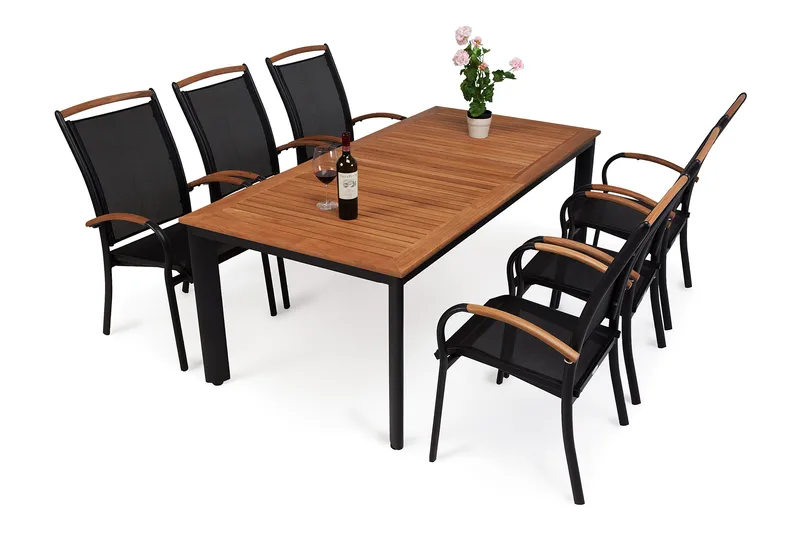 Hillerstorp Nydala Matgrupp 96x150-200 + 6 Karmstolar - Teak/Svart - Utemöbler - Utegrupp - Matgrupper utomhus