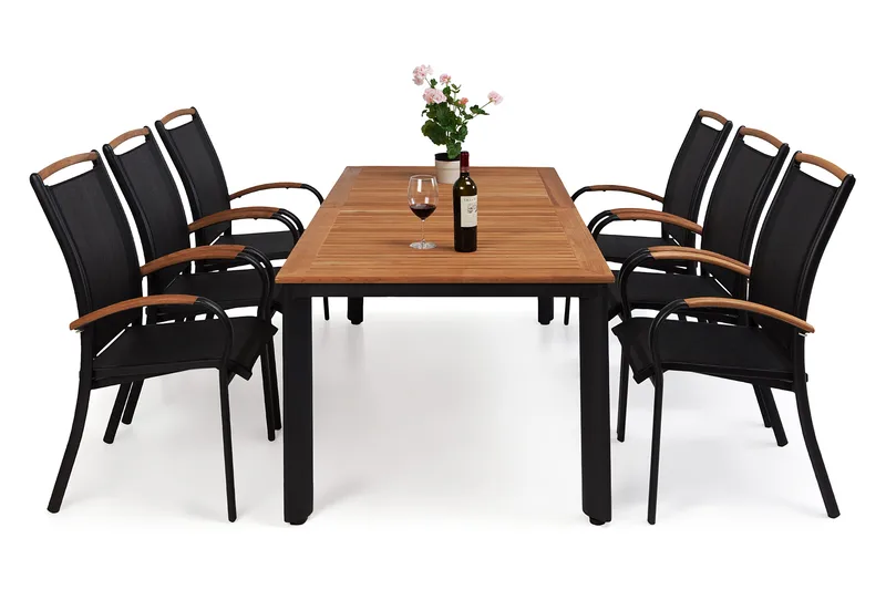 Hillerstorp Nydala Matgrupp 96x150-200 + 6 Karmstolar - Teak/Svart - Utemöbler - Utegrupp - Matgrupper utomhus