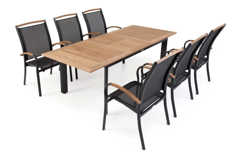 Hillerstorp Nydala Matgrupp 96x150-200 + 6 Karmstolar - Teak/Svart - Utemöbler - Utegrupp - Matgrupper utomhus