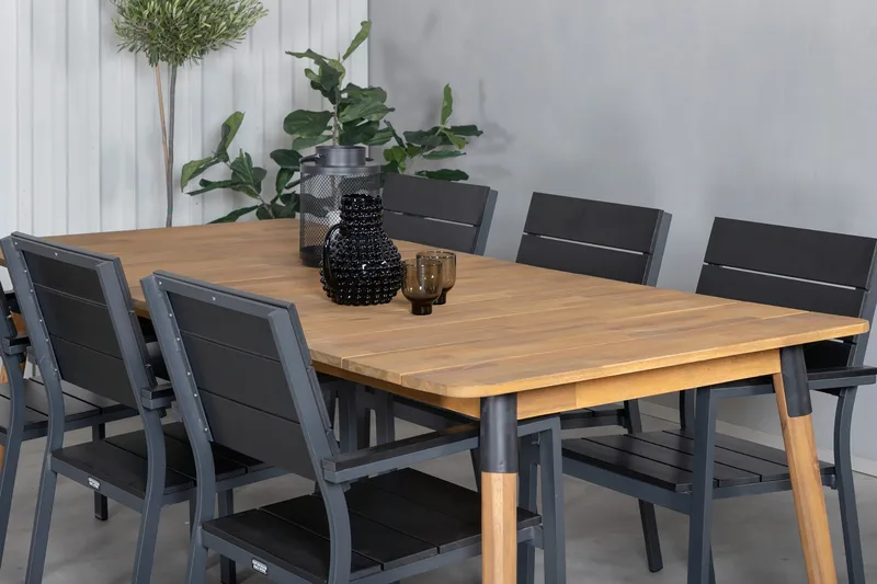 Julian Matgrupp 210cm + 6 Levels Stapelbara Matstolar Svart/ - Svart/Brun - Utemöbler - Utegrupp - Matgrupper utomhus