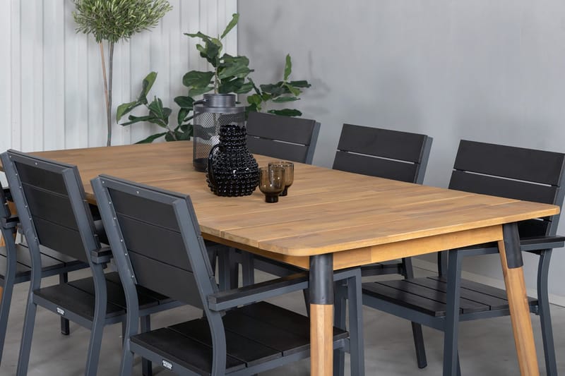 Julian Matgrupp 210cm + 6 Levels Stapelbara Matstolar Svart/ - Svart/Brun - Utemöbler - Utegrupp - Matgrupper utomhus