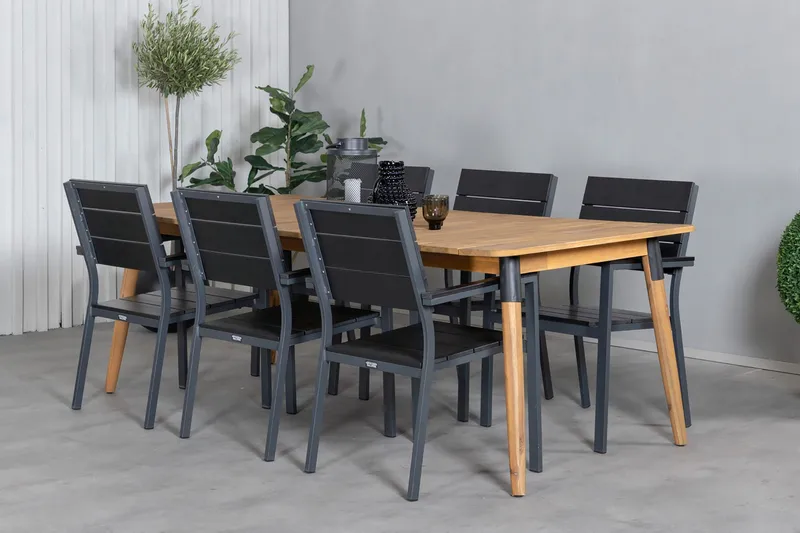 Julian Matgrupp 210cm + 6 Levels Stapelbara Matstolar Svart/ - Svart/Brun - Utemöbler - Utegrupp - Matgrupper utomhus