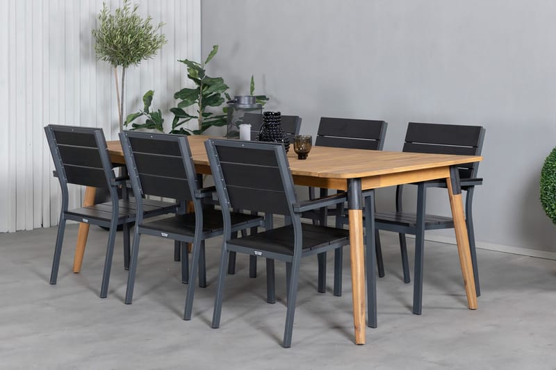 Julian Matgrupp 210cm + 6 Levels Stapelbara Matstolar Svart/ - Svart/Brun - Utemöbler - Utegrupp - Matgrupper utomhus