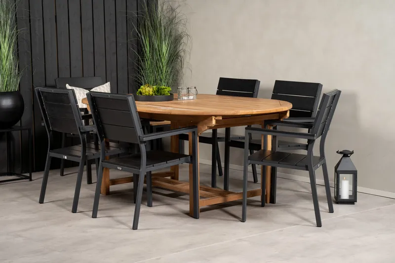 Kenya Matgrupp 180-240x120 cm + 6 Levels Stapelbar Stol - Svart/Brun - Utemöbler - Utegrupp - Matgrupper utomhus