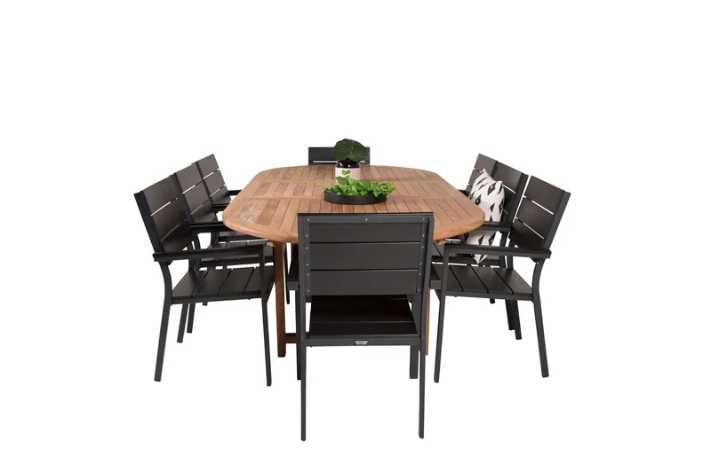 Kenya Matgrupp 180-240x120 cm + 8 Levels Stapelbar Stol - Svart/Brun - Utemöbler - Utegrupp - Matgrupper utomhus