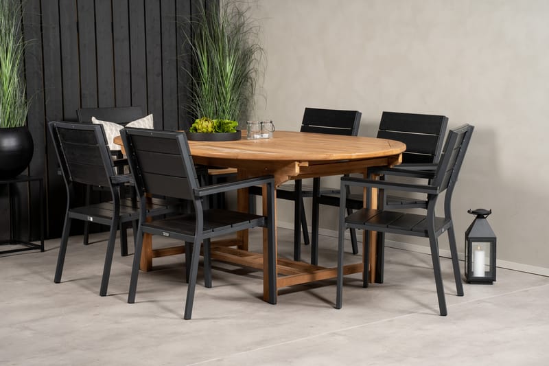 Kenya Matgrupp Utomhus 180-240x120 cm + 6 Levels Stapelbar Stol - Svart/Brun - Utemöbler - Utegrupp - Matgrupper utomhus