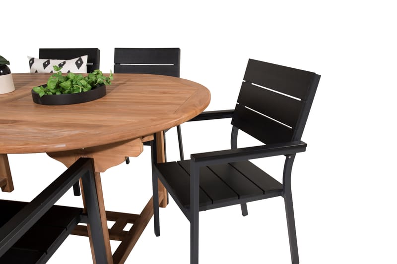 Kenya Matgrupp Utomhus 180-240x120 cm + 6 Levels Stapelbar Stol - Svart/Brun - Utemöbler - Utegrupp - Matgrupper utomhus