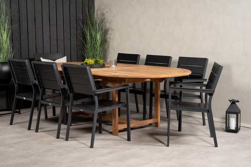 Kenya Matgrupp Utomhus 180-240x120 cm + 8 Levels Stapelbar Stol - Svart/Brun - Utemöbler - Utegrupp - Matgrupper utomhus