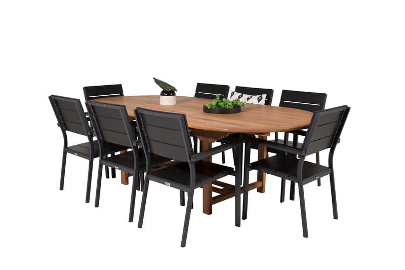 Kenya Matgrupp Utomhus 180-240x120 cm + 8 Levels Stapelbar Stol - Svart/Brun - Utemöbler - Utegrupp - Matgrupper utomhus
