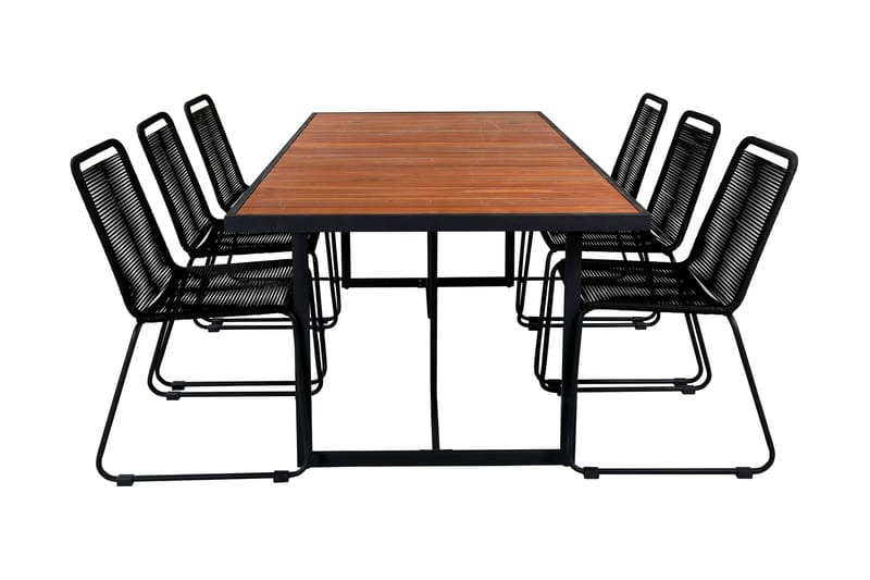 Khung Matgrupp Utomhus 200cm + 6 Lindos Stapelbara Matstolar, Svart