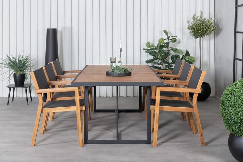 Khung Matgrupp Utomhus 200cm + 6 Venice Stapelbara Matstolar - Svart - Utemöbler - Utegrupp - Matgrupper utomhus
