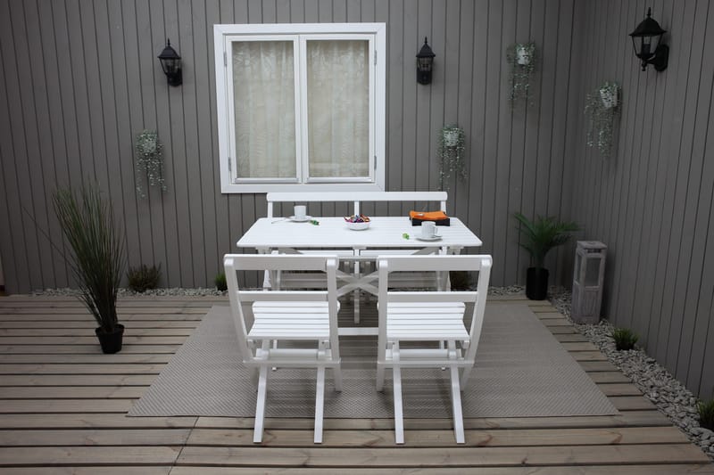 Larios Matgrupp Utomhus + 2 Ihoppfällbara Utestolar + Bänk Utomhus - Vit - Utemöbler - Utegrupp - Matgrupper utomhus