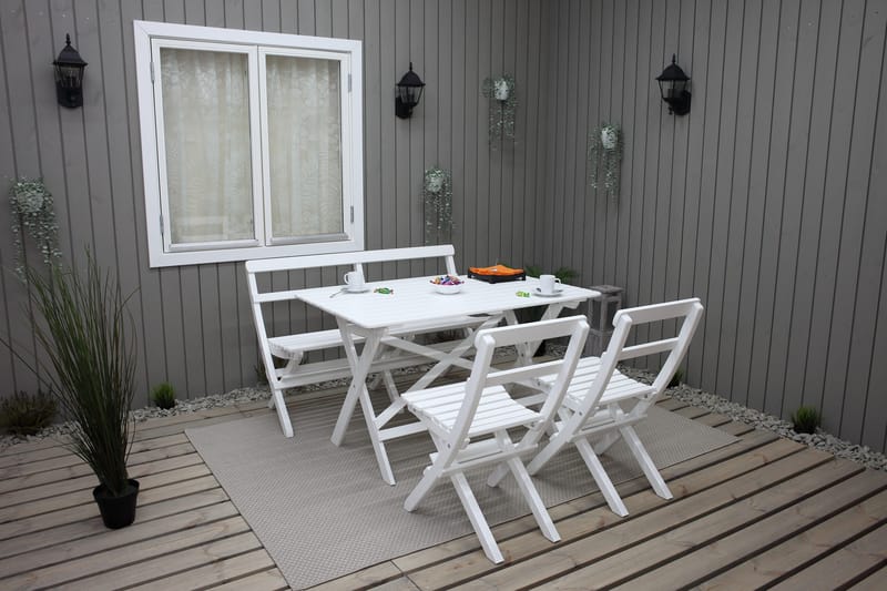 Larios Matgrupp Utomhus + 2 Ihoppfällbara Utestolar + Bänk Utomhus - Vit - Utemöbler - Utegrupp - Matgrupper utomhus