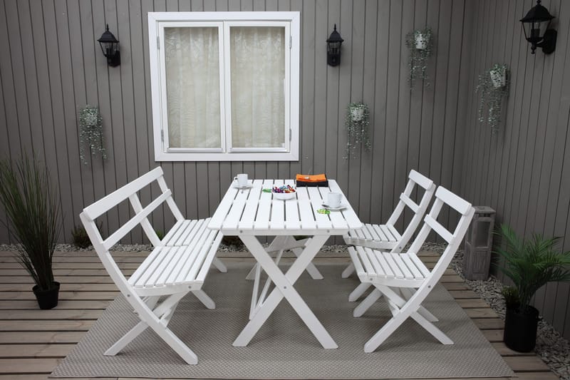 Larios Matgrupp Utomhus + 2 Ihoppfällbara Utestolar + Bänk Utomhus - Vit - Utemöbler - Utegrupp - Matgrupper utomhus