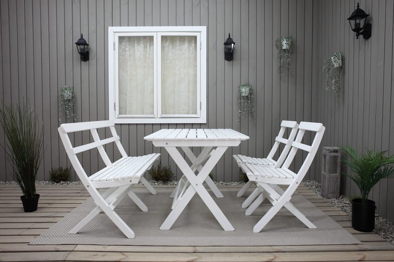 Larios Matgrupp Utomhus + 2 Ihoppfällbara Utestolar + Bänk Utomhus - Vit - Utemöbler - Utegrupp - Matgrupper utomhus
