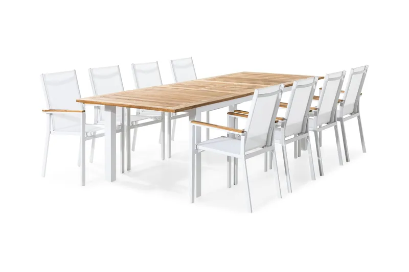 Las Matgrupp Utomhus Vegas 220-280x100 + 8 Stapelstolar - Teak/Vit - Utemöbler - Utegrupp - Matgrupper utomhus