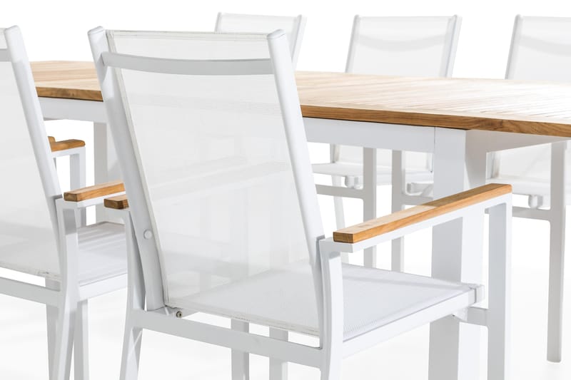 Las Matgrupp Utomhus Vegas 220-280x100 + 8 Stapelstolar - Teak/Vit - Utemöbler - Utegrupp - Matgrupper utomhus